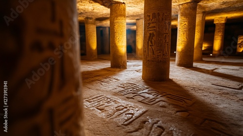 Ancient Egyptian tomb interior with hieroglyphs and sandstone columns