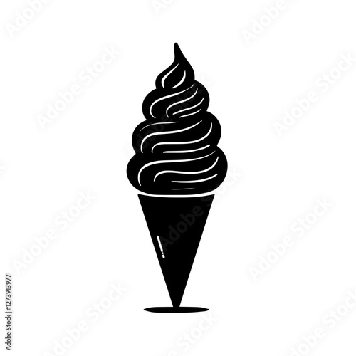 An illustration featuring a black ice cream silhouette set against a clean white background depicting a cone with swirled scoops and intricate detailing.