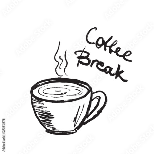 Cup of hot aroma coffee with steam drawing. Coffee break concept, menu design. Black brush stroke texture isolated on white background. Hand drawn vector sketch illustration in vintage charcoal ink