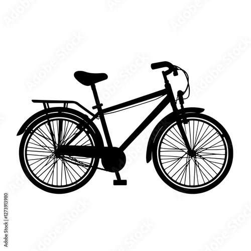 An illustration featuring a black bicycle silhouette set against a clean white background showing detailed wheels, frame, handlebars, and pedals.