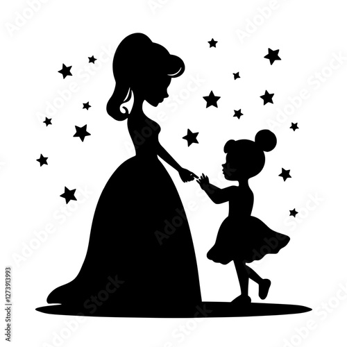 Seamless Pattern Featuring the Enchanting Silhouette of a Princess and a Little Girl Under a Starlit Green Sky for Whimsical Designs