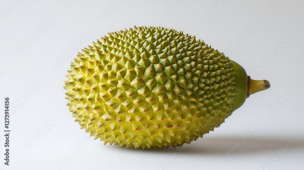 A large yellow fruit with a green stem rests on a clean white surface, highlighting its vibrant color and natural shape.