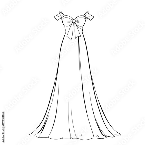 Sophisticated Dress Design Featuring Front Slit, Strapless Silhouette, Striking Bow at Chest, and Airy Doll Sleeves in Detailed Flat Pattern