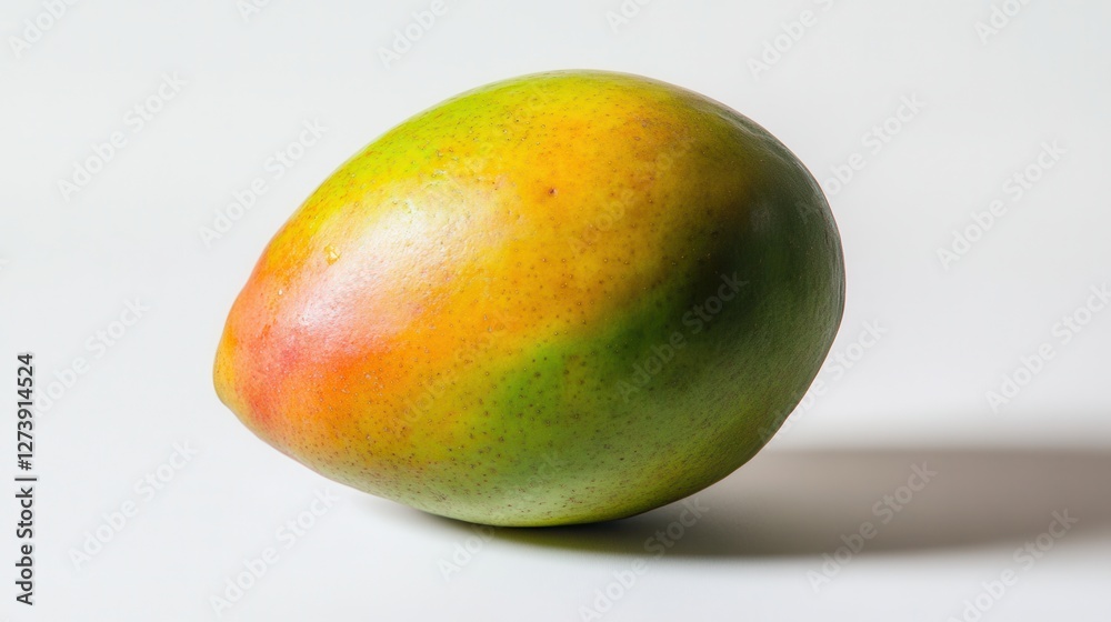 A ripe mango rests on a clean white surface, showcasing its vibrant color and smooth texture, emphasizing its freshness and appeal. A ripe mango rests on a clean white surface, showcasing its vibrant color and smooth texture, emphasizing its freshness and appeal.