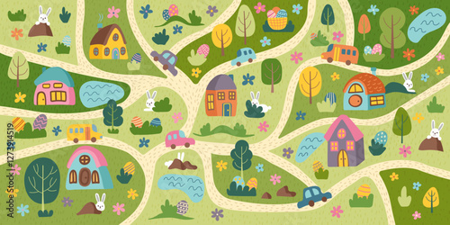 Easter egg hunt map background with houses, roads, bunnies, eggs, trees. Easter concept banner. Flat hand drawn cute vector illustration.