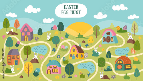Easter egg hunt map banner with houses, bunnies, eggs, trees and lawn. Easter concept background. Flat hand drawn cute vector illustration.