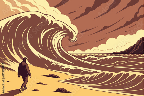  Cinematic landscape, lone figure walking on beach, massive parting waves, Moses and the Red Sea, stormy skies, dramatic lighting, golden sunset, surreal ocean, epic scale, digital art, photorealist