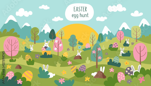 Cute Easter egg hunt banner with bunnies, eggs, trees and lawn. Easter concept background. Flat hand drawn vector illustration.