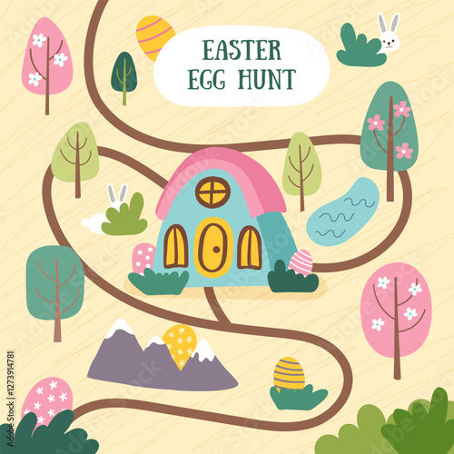 Easter egg hunt map card with house, road, trees, hidden bunnies and eggs. Easter concept background. Vector hand drawn cute illustration.