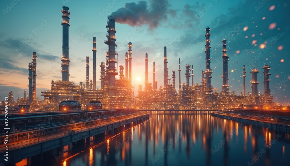 Obraz premium Sunset over future factory. Evening industrial plant with refinery. Oil, gas, petrochemical industry concept in creative graphic design reflects in water, showing next generation power, energy