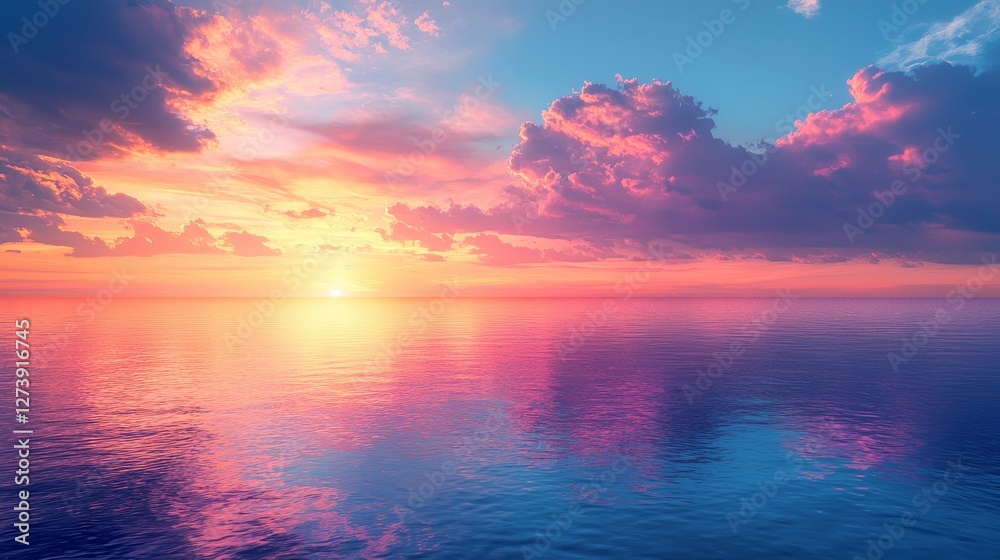 Serene sunset reflection over calm waters coastal landscape digital art tranquil environment aesthetic viewpoint Serene sunset reflection over calm waters coastal landscape digital art tranquil environment aesthetic viewpoint