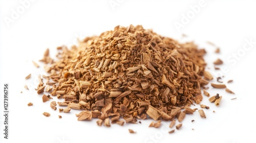 A collection of finely crushed wood chips scattered on a clean white surface, highlighting their texture and natural color variations.