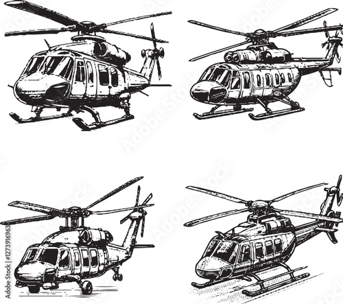 "Detailed Helicopter Illustrations - Black and White Cartoon-Style Helicopters in Various Perspectives"