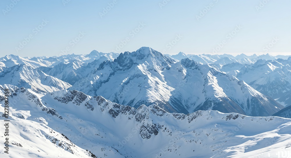Fototapeta premium A beautiful view of a big snowy mountain range with a blue sky generative ai