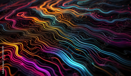 Colorful wavy neon lines background on black