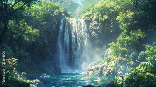 Serene Waterfall Cascading Amidst Lush Green Jungle Landscape