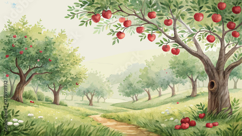 Watercolor apple orchard background, gentle greens and reds depicting trees laden with fruit, symbolizing the fruitful beginnings of the New Year, fresh and lively mood