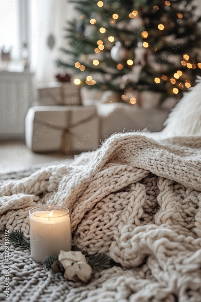 Fototapeta premium Burning christmas candle on knitted plaid surrounded by christmas tree balls and a star creating a cozy atmosphere, vertical
