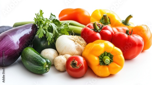 A vibrant assortment of various vegetables displayed on a table, showcasing their colors, shapes, and freshness for culinary inspiration. photo