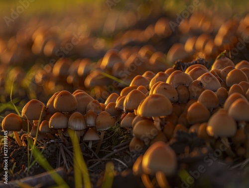 Cluster of mushrooms growing densely on the forest floor.