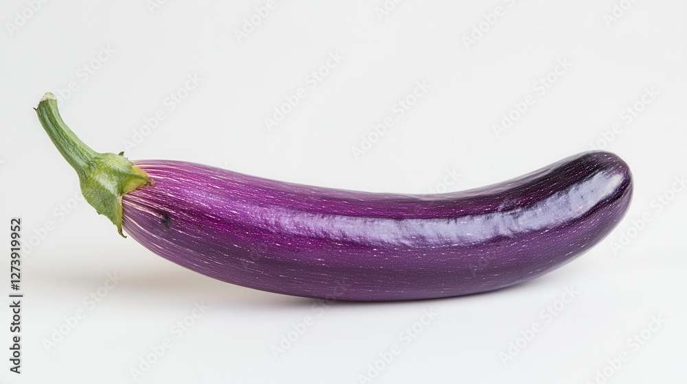 A vibrant purple eggplant featuring a fresh green stem, set against a clean white background, showcasing its glossy skin and unique shape. A vibrant purple eggplant featuring a fresh green stem, set against a clean white background, showcasing its glossy skin and unique shape.