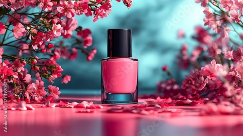 Nail polish display surrounded by blossoms studio setup product photography colorful environment close-up view