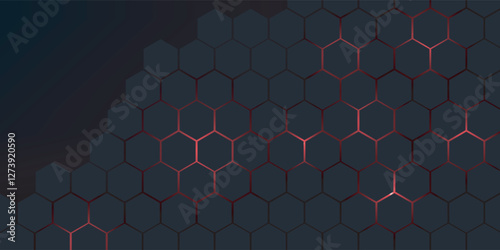 Dark gray and red horizontal hexagonal technology abstract vector background. red bright energy flashes under hexagon in futuristic modern technology wide banner. Dark gray honeycomb texture grid.