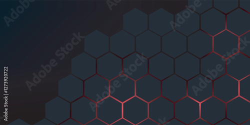 Dark gray and red horizontal hexagonal technology abstract vector background. red bright energy flashes under hexagon in futuristic modern technology wide banner. Dark gray honeycomb texture grid.