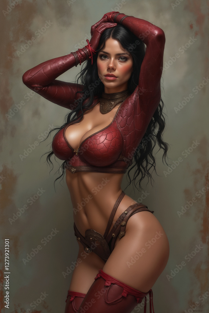 Fototapeta premium portrait of a young beautiful girl dressed in fantasy leather tight suit with a bra and stockings, artistic style
