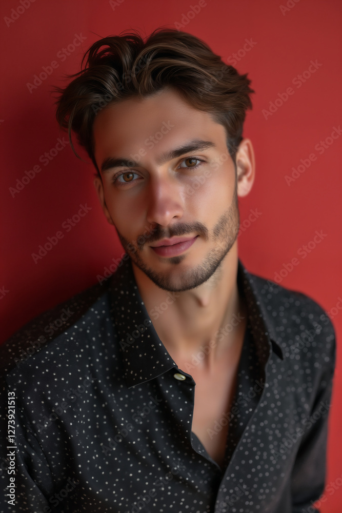 Fototapeta premium portrait of a young man with a stylish hairstyle dressed in a black shirt against a red wall