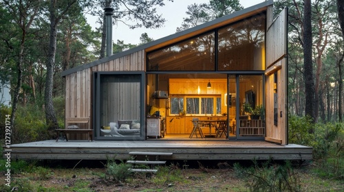 Modern Wooden Cabin with Large Windows in Serene Forest Setting