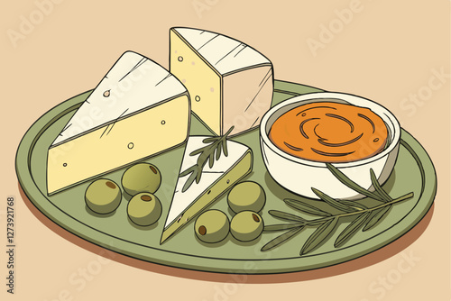  Cheese platter, large triangular cheese wedge, sliced cheese, green olives, bowl of orange dip, green plate, photorealistic, food photography, detailed textures, appetizing, gourmet presentation, w