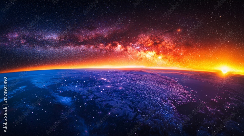 Fototapeta premium stunning cosmic view of earth at dawn with milky way galaxy