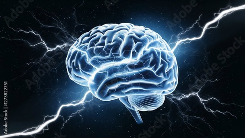 Human brain with lightning in the dark, showcasing anatomy and neural activity in a 3D medical scan