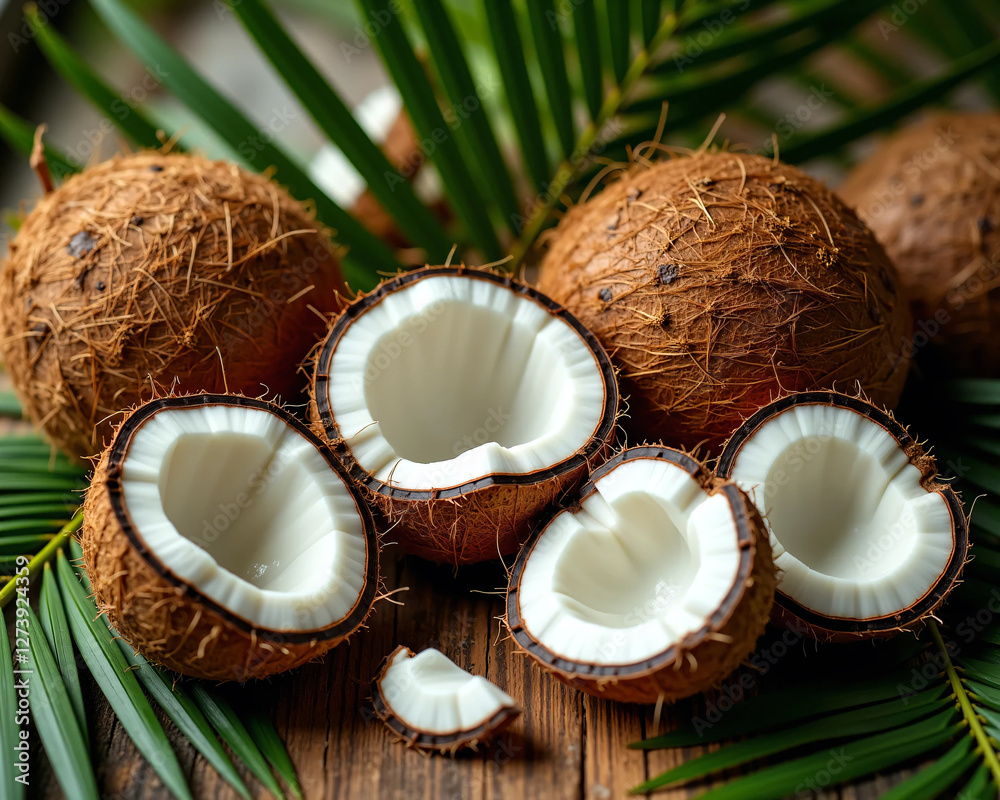 Fresh Organic Coconuts on Rustic Wooden Surface Whole, Halved, and Cracked-Open Coconuts with White Flesh, Brown Husk, and Tropical Palm Leaves Natural, Healthy, and Exotic Food Photography Compositio Fresh Organic Coconuts on Rustic Wooden Surface Whole, Halved, and Cracked-Open Coconuts with White Flesh, Brown Husk, and Tropical Palm Leaves Natural, Healthy, and Exotic Food Photography Compositio