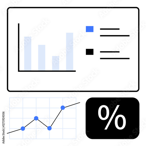 Bar chart with legend, line graph with data points, and percentage icon. Ideal for finance, data analysis, business growth trends, marketing metrics, reporting tools, education abstract line flat