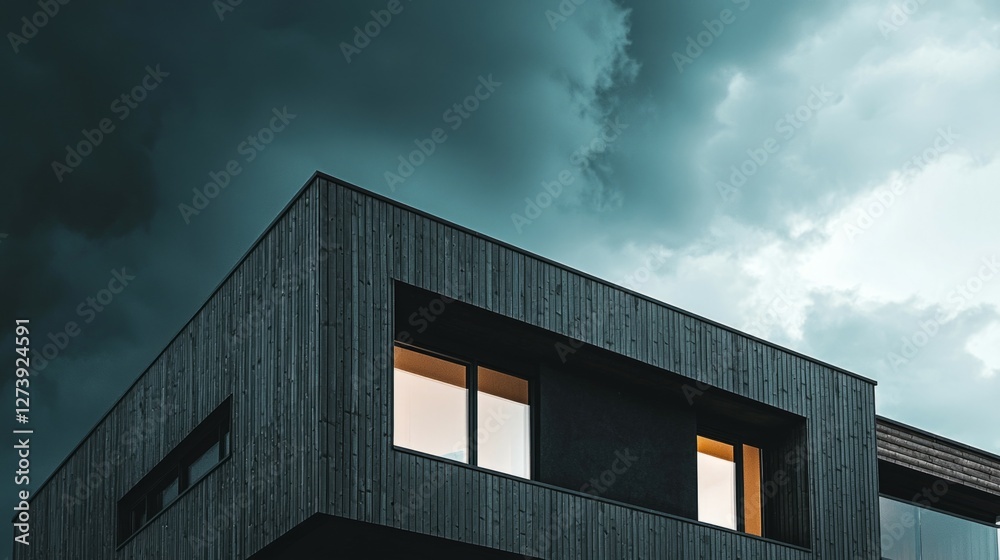 Modern wooden house under dramatic stormy sky with dark clouds Modern wooden house under dramatic stormy sky with dark clouds