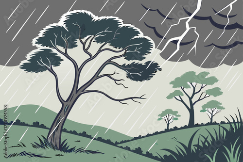  Stormy landscape, wind-swept trees, dark ominous sky, heavy rain, moody atmosphere, bent trees, gale force winds, dramatic weather, misty forest, nature's fury, atmospheric scene, green foliage, tu