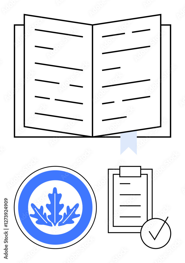 Open book with a blue bookmark, checklist with checkmark, oak leaf emblem in a circular frame. Ideal for education, learning, study, certification, training, knowledge sharing abstract line flat Open book with a blue bookmark, checklist with checkmark, oak leaf emblem in a circular frame. Ideal for education, learning, study, certification, training, knowledge sharing abstract line flat