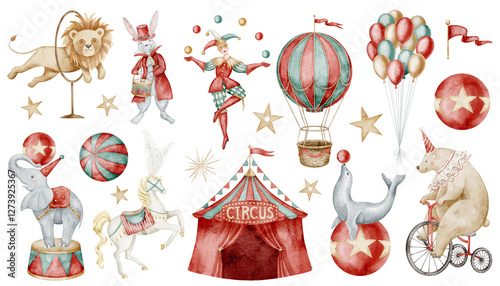 Watercolor Circus set with animals, a tent, performers and hot air balloon. Watercolor illustration of lion, horse and elephant for childish greeting cards or Baby shower invitations. Art for poster.