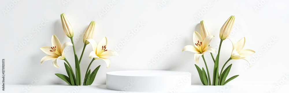 Obraz premium Elegant Podium With Stylized Easter Lilies, White Background Detailed Petals, Excessive Shading 00002