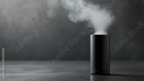 Steam rising from a black cylindrical diffuser on a dark surface.
