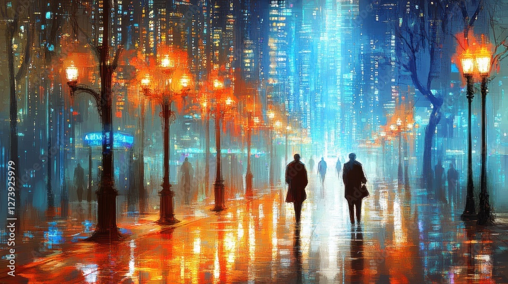 Obraz premium Abstract City Street at Night with Pedestrians Warm Lamplight and Cool Reflections in the Rain