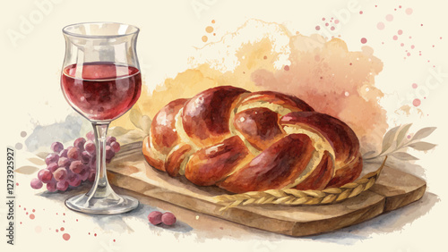 Watercolor Challah Bread and Wine Background in Warm Browns and Rich Reds, Representing Traditional Blessings and Celebrations, Comforting and Festive