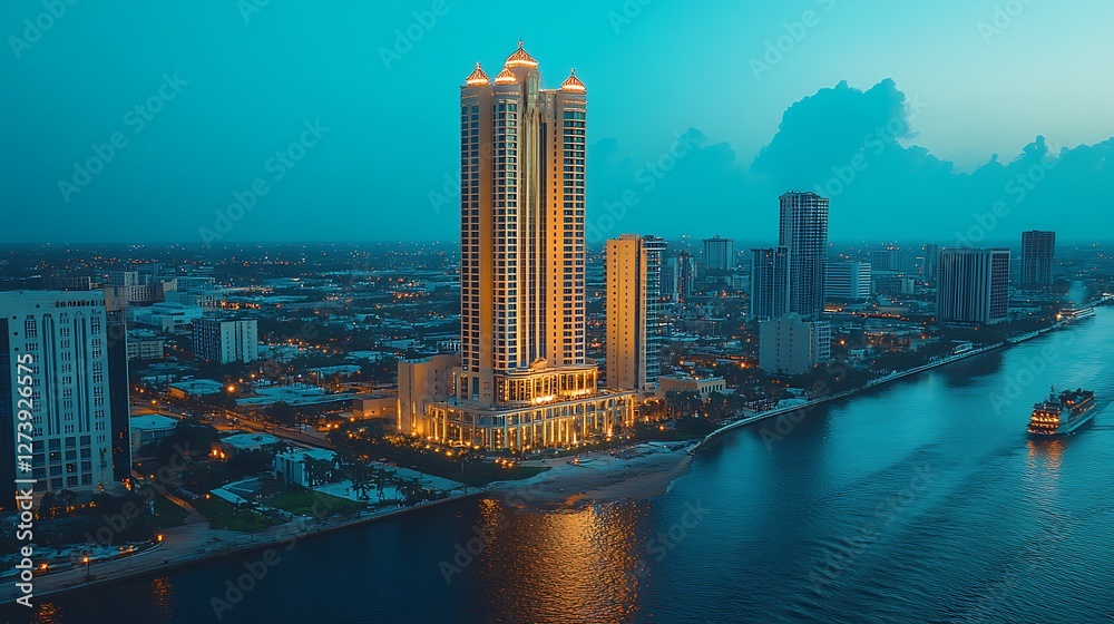 Fototapeta premium Coastal Cityscape Dusk,Luxury Hotel,Boat,Water