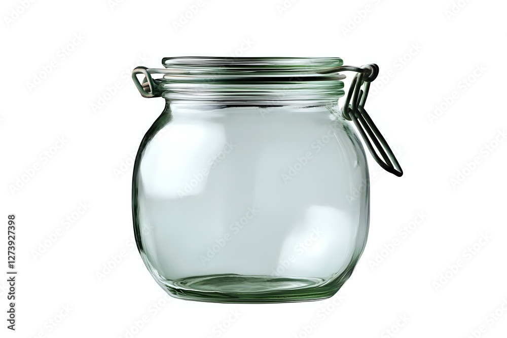 Empty glass jar with metal clamp lid closure on white background, transparent container for preserving food and storage, isolated product photography. Empty glass jar with metal clamp lid closure on white background, transparent container for preserving food and storage, isolated product photography.
