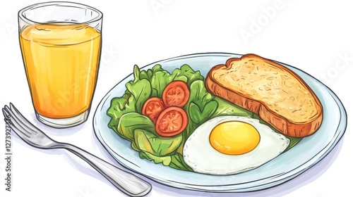 Healthy breakfast illustration with orange juice, toast, egg, and salad photo