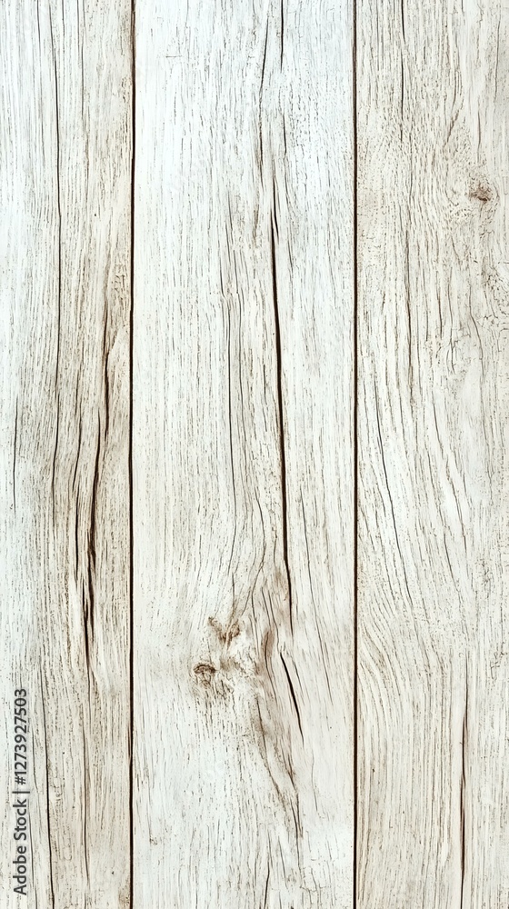 Naklejka premium Rustic whitewashed wooden planks with natural grain texture and knots creating farmhouse style background pattern for interior design projects.