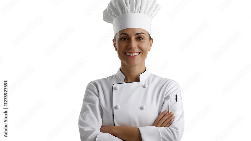 Chef in a traditional white uniform and tall hat, arms crossed, confident smile, isolated on a transparent background