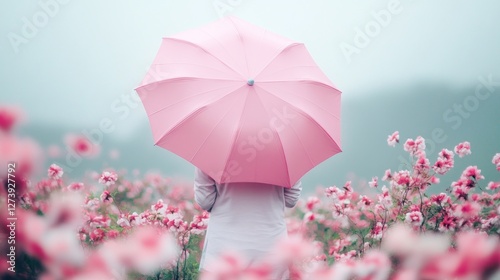 Woman with pink umbrella in pink flower field.
